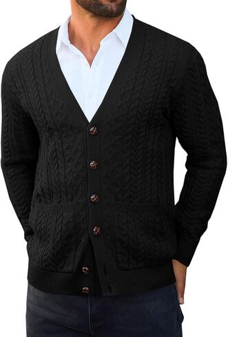 Runcati Mens Cardigan Sweater Casual Cable Knitted V Neck Button Down Winter Chunky Sweaters in Saudi Arabia
