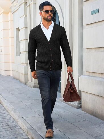 Runcati Mens Cardigan Sweater Casual Cable Knitted V Neck Button Down Winter Chunky Sweaters in Saudi Arabia