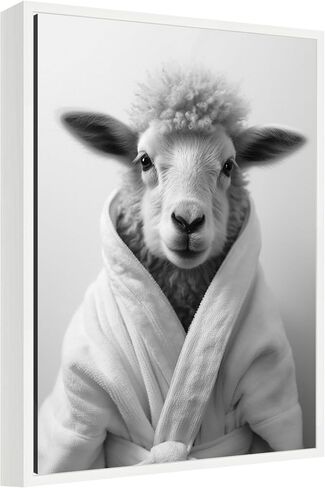 Kate and Laurel Sheep Bathroom Art Towel Robe Black and White Framed Canvas Wall Art by The Creative Bunch Studio 18 x 24 Sylvie White, Whimsical, Animals, Humor Art for Wall Decor, Living Room, in Saudi Arabia