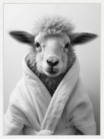 Kate and Laurel Sheep Bathroom Art Towel Robe Black and White Framed Canvas Wall Art by The Creative Bunch Studio 18 x 24 Sylvie White, Whimsical, Animals, Humor Art for Wall Decor, Living Room, in Saudi Arabia