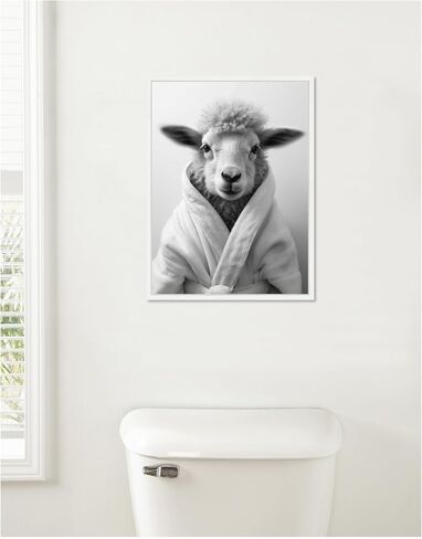 Kate and Laurel Sheep Bathroom Art Towel Robe Black and White Framed Canvas Wall Art by The Creative Bunch Studio 18 x 24 Sylvie White, Whimsical, Animals, Humor Art for Wall Decor, Living Room, in Saudi Arabia