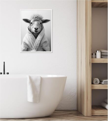 Kate and Laurel Sheep Bathroom Art Towel Robe Black and White Framed Canvas Wall Art by The Creative Bunch Studio 18 x 24 Sylvie White, Whimsical, Animals, Humor Art for Wall Decor, Living Room, in Saudi Arabia