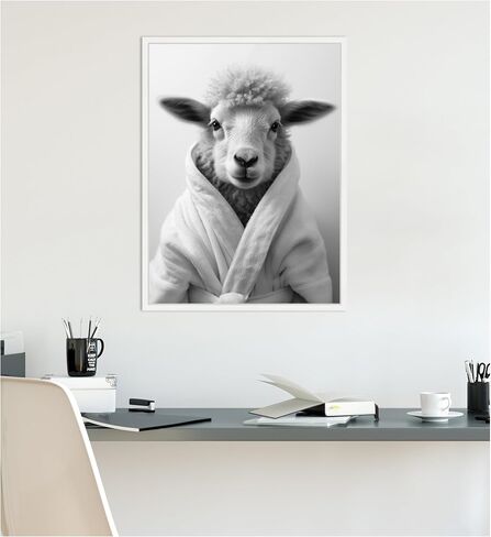 Kate and Laurel Sheep Bathroom Art Towel Robe Black and White Framed Canvas Wall Art by The Creative Bunch Studio 18 x 24 Sylvie White, Whimsical, Animals, Humor Art for Wall Decor, Living Room, in Saudi Arabia