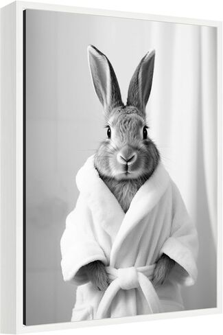 Kate and Laurel Bunny Bathny Art Plains Robe Black and White Canvas Wall Art By Creative Bunch Studio 18 × 24 Sylvie White ، غريب الأطوار ، فن الحمام لديكور الجدار ، غرفة المعيشة ، in Saudi Arabia