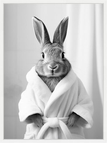 Kate and Laurel Bunny Bathny Art Plains Robe Black and White Canvas Wall Art By Creative Bunch Studio 18 × 24 Sylvie White ، غريب الأطوار ، فن الحمام لديكور الجدار ، غرفة المعيشة ، in Saudi Arabia