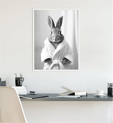 Kate and Laurel Bunny Bathny Art Plains Robe Black and White Canvas Wall Art By Creative Bunch Studio 18 × 24 Sylvie White ، غريب الأطوار ، فن الحمام لديكور الجدار ، غرفة المعيشة ، in Saudi Arabia