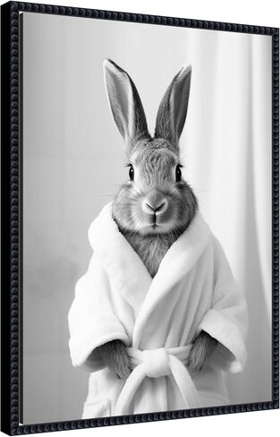 Kate and Laurel Bunny Bathroom Art Towel Robe Black and White Framed Canvas Wall Art by The Creative Bunch Studio 18 x 24 Sylvie Beaded Black, Whimsical, Animals, Bathroom Art for Wall Decor in Saudi Arabia