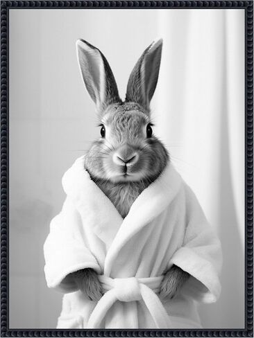 Kate and Laurel Bunny Bathroom Art Towel Robe Black and White Framed Canvas Wall Art by The Creative Bunch Studio 18 x 24 Sylvie Beaded Black, Whimsical, Animals, Bathroom Art for Wall Decor in Saudi Arabia