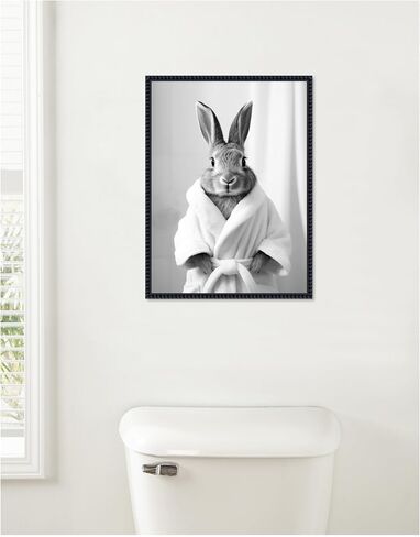 Kate and Laurel Bunny Bathroom Art Towel Robe Black and White Framed Canvas Wall Art by The Creative Bunch Studio 18 x 24 Sylvie Beaded Black, Whimsical, Animals, Bathroom Art for Wall Decor in Saudi Arabia