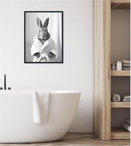 Kate and Laurel Bunny Bathroom Art Towel Robe Black and White Framed Canvas Wall Art by The Creative Bunch Studio 18 x 24 Sylvie Beaded Black, Whimsical, Animals, Bathroom Art for Wall Decor in Saudi Arabia