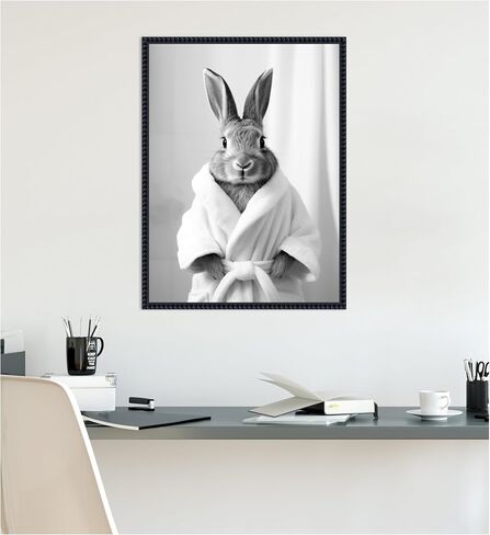 Kate and Laurel Bunny Bathroom Art Towel Robe Black and White Framed Canvas Wall Art by The Creative Bunch Studio 18 x 24 Sylvie Beaded Black, Whimsical, Animals, Bathroom Art for Wall Decor in Saudi Arabia