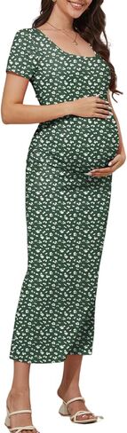 Floral Maternity Dress Square Neck Short Sleeve Bodycon Stretch Casual Boho Pregnancy Maxi Dress in Kuwait