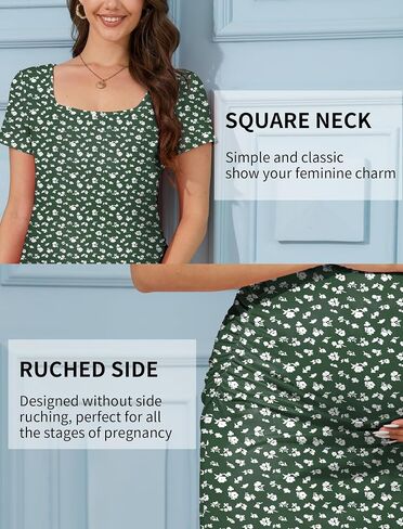 Floral Maternity Dress Square Neck Short Sleeve Bodycon Stretch Casual Boho Pregnancy Maxi Dress in Kuwait