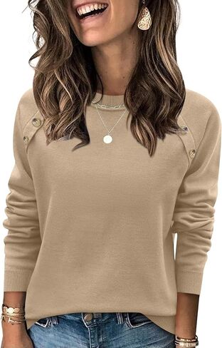 Rapbin Womens Sweater Crew Neck Long Sleeve Knit Lightweight Pullover Tops Casual Buttons Decor Tunic in Kuwait
