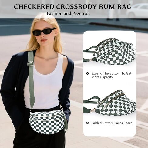 Spacious Checkered Nylon Crossbody Bag,Bum Bags for Women Crossbody,Large Slouchy Belt Bag witn Adjustable Shoulder Strap in Saudi Arabia