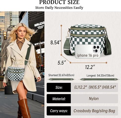 Spacious Checkered Nylon Crossbody Bag,Bum Bags for Women Crossbody,Large Slouchy Belt Bag witn Adjustable Shoulder Strap in Saudi Arabia