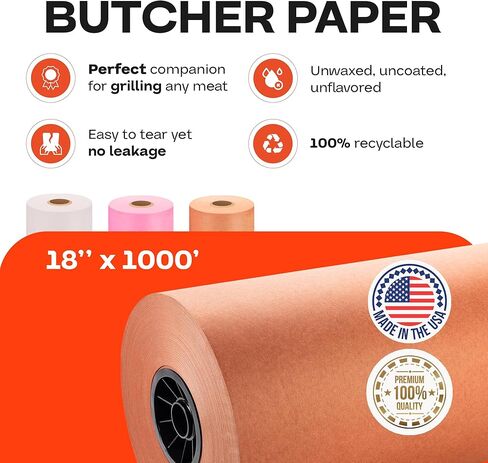 تغليف IDL لفة ورق جزار الخوخ مقاس 18 بوصة × 1000 بوصة - غلاف ورق جزار الشواء المقاوم للرطوبة للطهي أو التعبئة - ورق كرافت غير مشمع وغير مطلي لتدخين اللحوم والأسماك in Kuwait