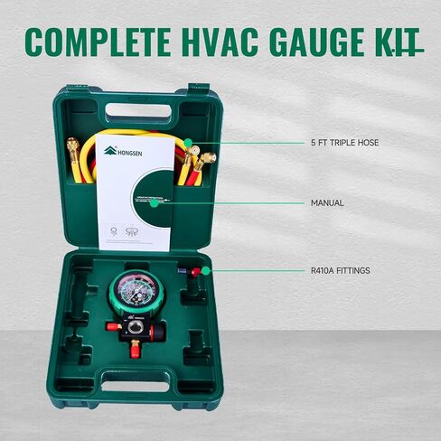 HVAC Single Gauge Set for R410A, R32, R22, and R134a, 800 PSI Dual-Scale AC Charging Kit with Brass Gauge, 5FT Hoses, Calibration Screw, R410A Adapter, and Carrying Case in Saudi Arabia