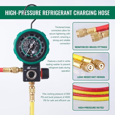 HVAC Single Gauge Set for R410A, R32, R22, and R134a, 800 PSI Dual-Scale AC Charging Kit with Brass Gauge, 5FT Hoses, Calibration Screw, R410A Adapter, and Carrying Case in Saudi Arabia