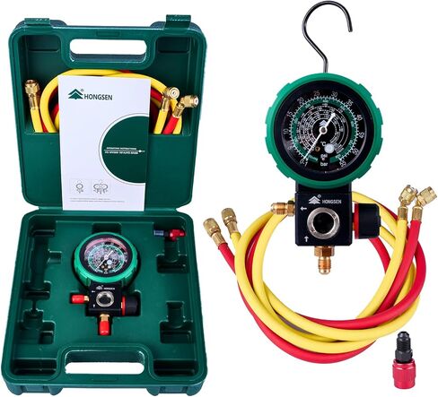HVAC Single Gauge Set for R410A, R32, R22, and R134a, 800 PSI Dual-Scale AC Charging Kit with Brass Gauge, 5FT Hoses, Calibration Screw, R410A Adapter, and Carrying Case in Saudi Arabia