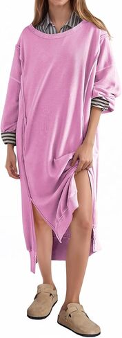 فستان سويت شيرت حريمي بأكمام طويلة من Fisoew، فستان طويل كاجوال فضفاض بفتحة جانبية in Kuwait