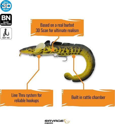 طعم صيد السمك Savage Gear 3D Burbot Ribbontail، 3 أونصة، Firetiger، ملامح وحركة واقعية، بناء متين، تصميم هجين من خلال الخط، خشخيشة زجاجية مدمجة، متوفرة في 3 أحجام in Kuwait