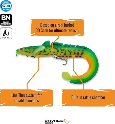 طعم صيد السمك Savage Gear 3D Burbot Ribbontail، 3 أونصة، Firetiger، ملامح وحركة واقعية، بناء متين، تصميم هجين من خلال الخط، خشخيشة زجاجية مدمجة، متوفرة في 3 أحجام in Kuwait