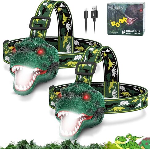 Dinosaur Headlamp for Kids Flashlight Rechargeable Led Headlights Roar & Silent Mode, T-Rex Dinosaur Toys, Camping Gear, Gifts for Boys Girls Adults in Kuwait