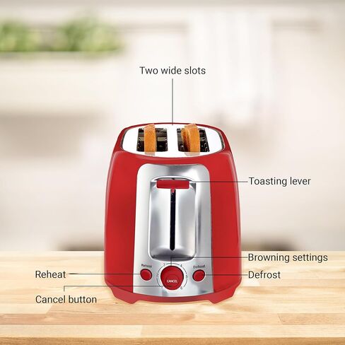 محمصة خبز أيوا، شريحتين بفتحة واسعة، وظيفة إعادة التسخين وإذابة الجليد، 6 إعدادات للتحمير، صينية فتات الخبز المنسدلة، أحمر in Kuwait