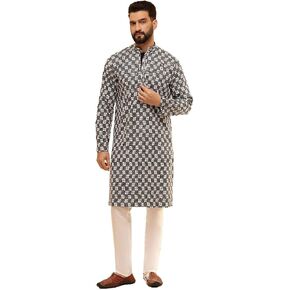 Sojanya (Since 1958 Men'S Cotton Rayon Embroidered Sequinned Kurta With White Pyjama in Saudi Arabia