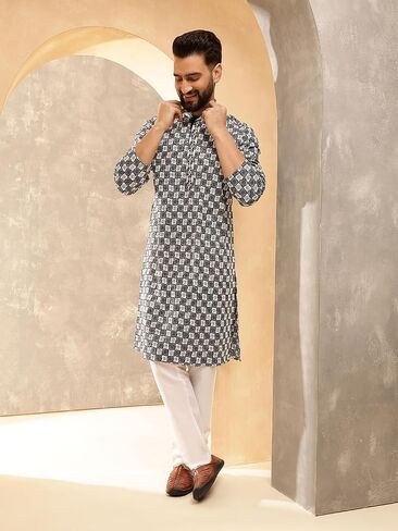 Sojanya (Since 1958 Men'S Cotton Rayon Embroidered Sequinned Kurta With White Pyjama in Saudi Arabia