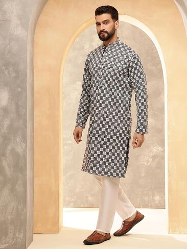 Sojanya (Since 1958 Men'S Cotton Rayon Embroidered Sequinned Kurta With White Pyjama in Saudi Arabia