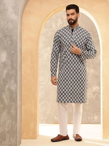Sojanya (Since 1958 Men'S Cotton Rayon Embroidered Sequinned Kurta With White Pyjama in Saudi Arabia