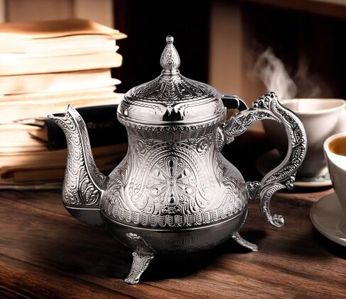Alisveristime Decorative Zamac Pitcher-Teapot عتيق الطراز العثماني ، تصميم معدني مزخرف (7.9 × 7.9 × 5.1 بوصة ، 1.85 رطل ، 28.7 أوقية) (فضية) in Kuwait