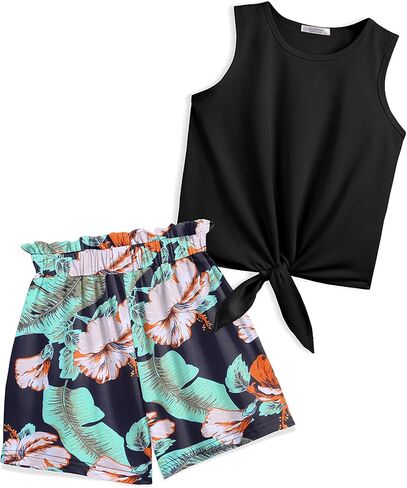 Arshiner Girl's 2 Piece Outfits Tie Knot Tank Top and Paperbag Waist Pocketed Summer Short Sets in Kuwait