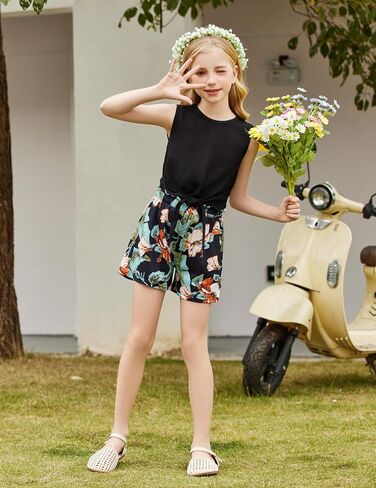 Arshiner Girl's 2 Piece Outfits Tie Knot Tank Top and Paperbag Waist Pocketed Summer Short Sets in Kuwait