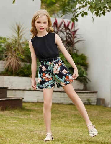 Arshiner Girl's 2 Piece Outfits Tie Knot Tank Top and Paperbag Waist Pocketed Summer Short Sets in Kuwait