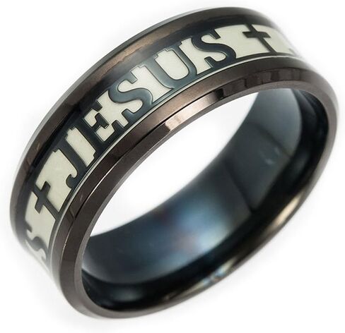 Men 8mm Wide Luminous Effect Stainless Steel Luminous Cross Jesus Band Ring Glow in The Dark in Kuwait