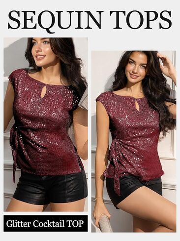 Women Sparkle Sequin Tops Glitter Elegant Sequence Blouse Ruched Cap Sleeve Cocktail Evening Party Club Concert Shirt in Saudi Arabia