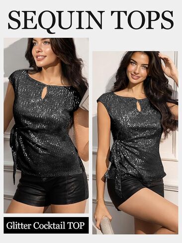 Women Sparkle Sequin Tops Glitter Elegant Sequence Blouse Ruched Cap Sleeve Cocktail Evening Party Club Concert Shirt in Saudi Arabia
