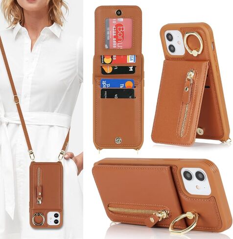 iPhone 12/12 pro Case with Card Holder for Women, iPhone 12/12 pro Phone Case Wallet with Strap Credit Card Slots Crossbody with Kickstand Zipper Shockproof Case for iPhone12/12pro - Black in Kuwait