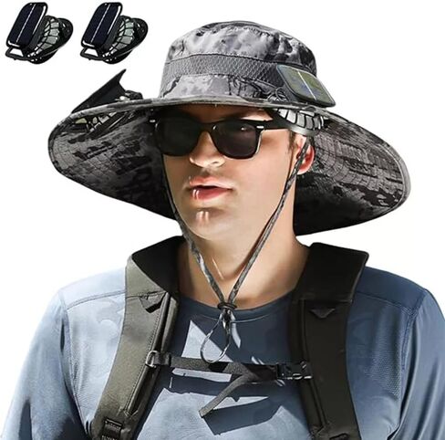 Wide Brim Solar Fan Outdoor Hat, Outdoor Wide Brim Sun Hat with 2 Solar Fan Sun Bucket Hat for Men,UPF50+ Sun Fishing Hat in Saudi Arabia