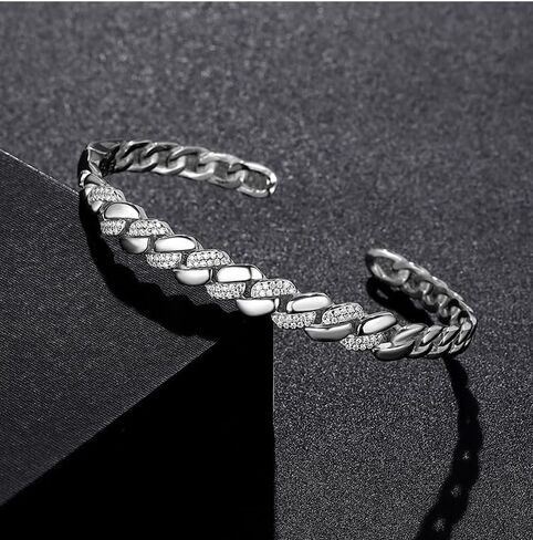 S925 Silver Twisted Diamond Cuban Open Cuff Bracelet - Diamond Tennis Bracelets Silver Premium Bangle for Women in Saudi Arabia