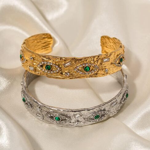 Vintage 14K Gold Malachite Devil's Eye Cuff Bracelet with Devil's Eye Moissanite Decor, Fashion Jewelry Gift in Saudi Arabia