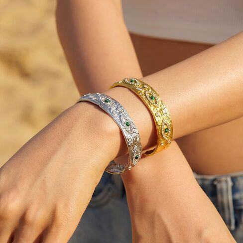 Vintage 14K Gold Malachite Devil's Eye Cuff Bracelet with Devil's Eye Moissanite Decor, Fashion Jewelry Gift in Saudi Arabia