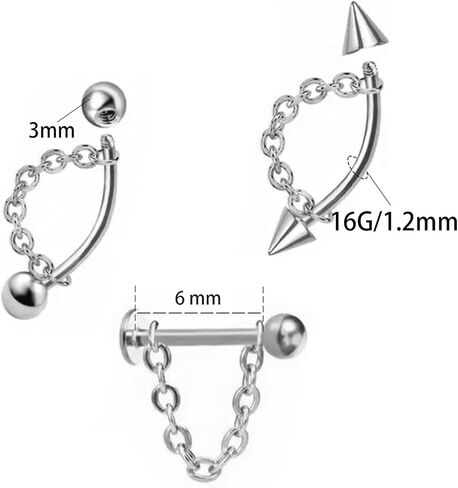 5 Pcs Vertical Labret Lip Piercing Jewelry 316L Stainless Steel 16G Tragus Helix Rook Piercing Jewelry with Chain Cartilage Earrings for Women Men in Kuwait