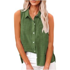 Womens Sleeveless Button Down Shirts Cotton Linen Blouses Solid Color V Neck Collared Work Tank Tops Summer Clothes in Kuwait