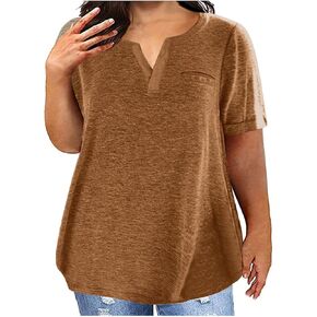 Plus Size V Neck T Shirts Women Summer Short Sleeve Tops Casual Loose Soft Tee Shirt Solid Basic Holiday Tunic Blouse in Kuwait