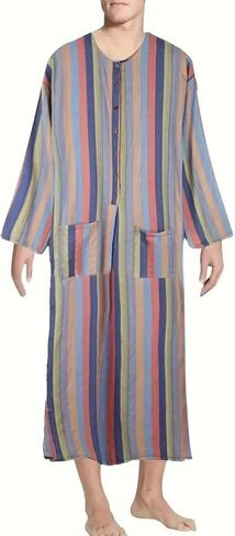 Striped Nightshirt for Men Long Sleeves Button Down Henley Shirts with Pockets, Kaftan Thobe Splits Long Gown in Saudi Arabia