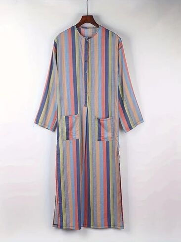Striped Nightshirt for Men Long Sleeves Button Down Henley Shirts with Pockets, Kaftan Thobe Splits Long Gown in Saudi Arabia